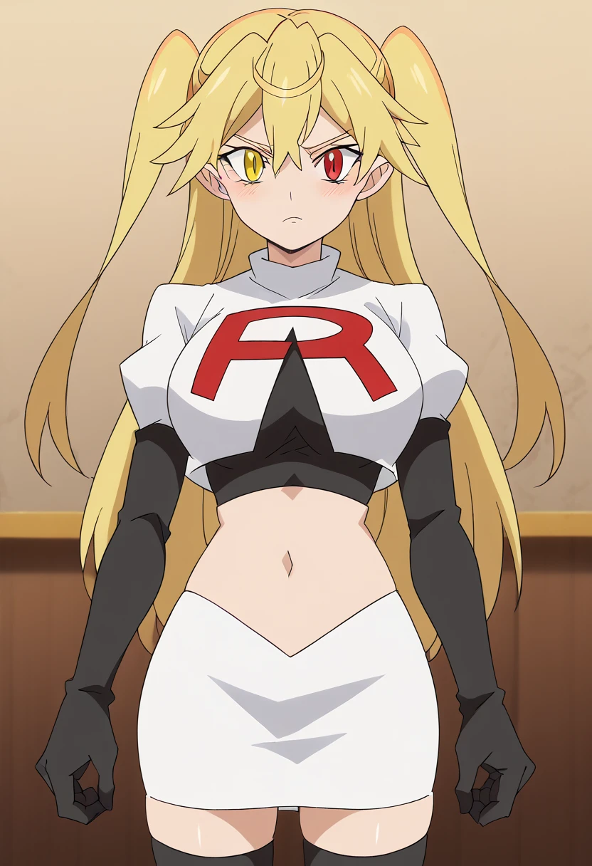 8k, masterpiece,highres,very large breast, team rocket uniform, red letter r, white skirt,white crop top,black thigh-high boots, black elbow gloves, glaring angrily, looking down at viewer, hands on hips, cowboy shot, zettai ryouiki,from below, black panties,anime style, vivid colors, sharp focus, intense lighting,pokemoncynthia, blonde hair, hair ornament, hair over one eye, long hair, (yellow eyes:1.5)