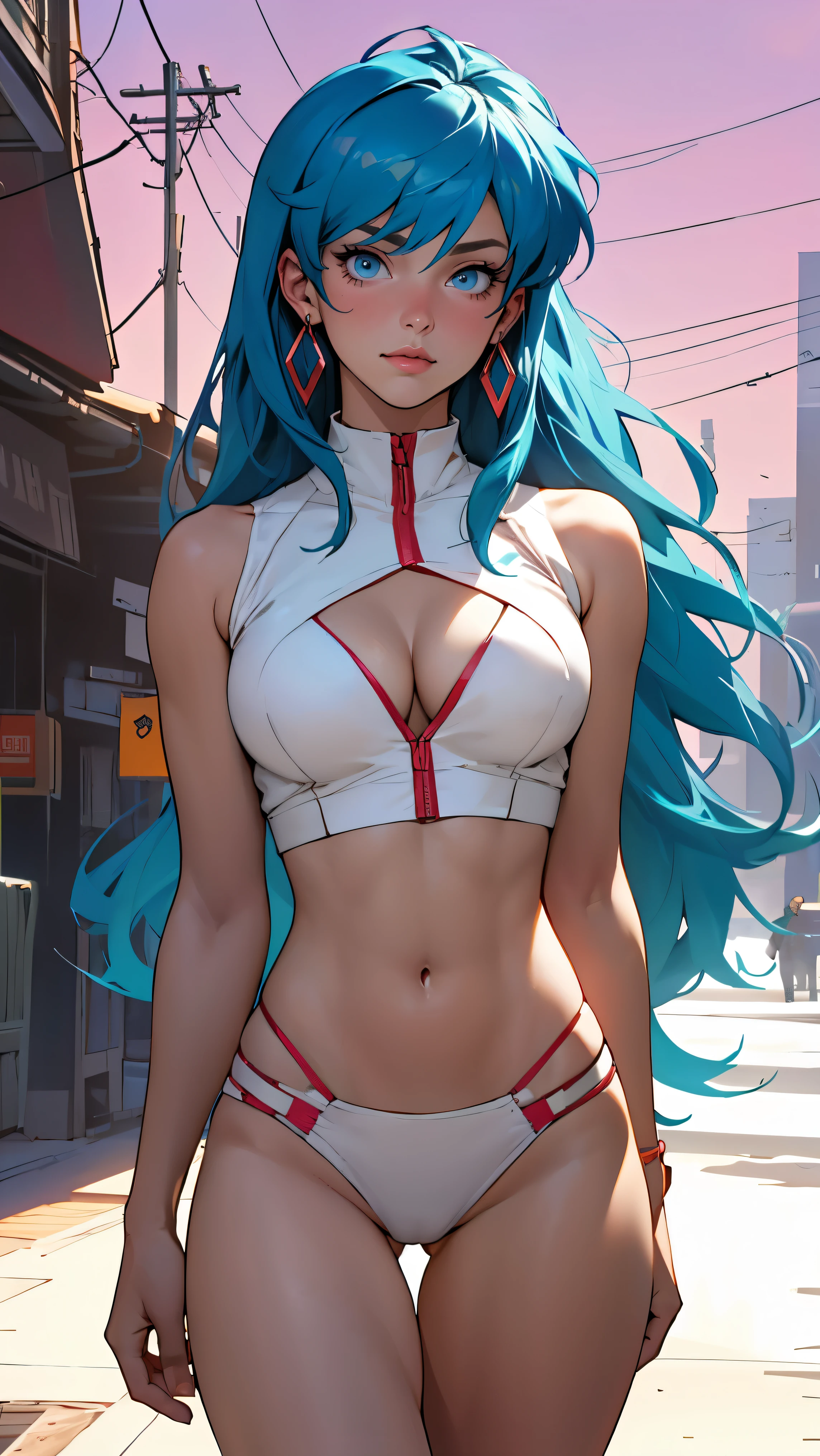 ((Masterpiece, highest quality; 1.3)), super quality, beautiful detail, super detailed, extra fine, 16K, exquisite, absurd, high resolution, beautiful background, detailed background, beautiful eyes, beautiful skin, anime style, dirtypairyuri, Dirty Pair Yuri in a skimpy white outfit, long blue hair, blue eyes, earrings, white uniform, white crop top, cutout, sleeveless, wearing tight clothing, skimpy, (breasts: 1.2), cleavage, cleavage, , obliques, fit arms, slim waist, ((wide hips)), fit thighs, (thigh gap), showing stomach, (skinny frame), wide hips, cyberpunk city background, holding a retro space gun