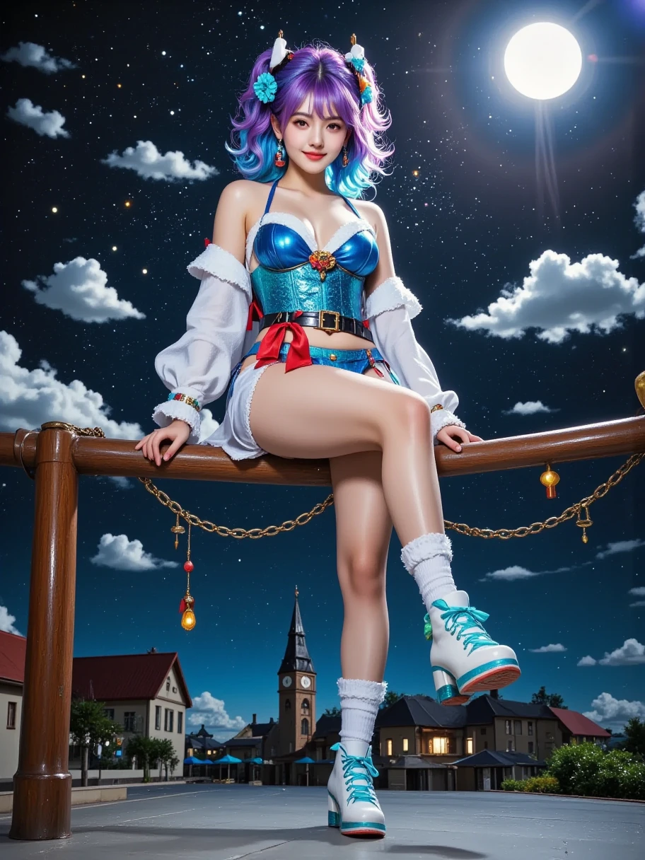 masterpiece,best quality,aesthetic,detailed face,subsurface scattering,bird view, wrenchsfantasy,fantasy,1girl,photo of a cute girl,light smile,charming,20yo,asymmetrical hair.Swaying hair,Electric blue hair,glowing,cloud,colorful starry,stars,broken, space style,style-swirlmagic,style-sylvamagic,rainbow-candy, legendary, outstanding, delicate, elegant, luxury, creative, beautiful classic contemporary fine cinematic composition, great expressive dynamic dramatic atmosphere, spectacular light, symmetry, detailed, rich colors, ambient background, inspiring, lovely grand lucid wonderful surreal perfect complex intricate color, stunning epic colossal imposing amazing singular fascinating massive
