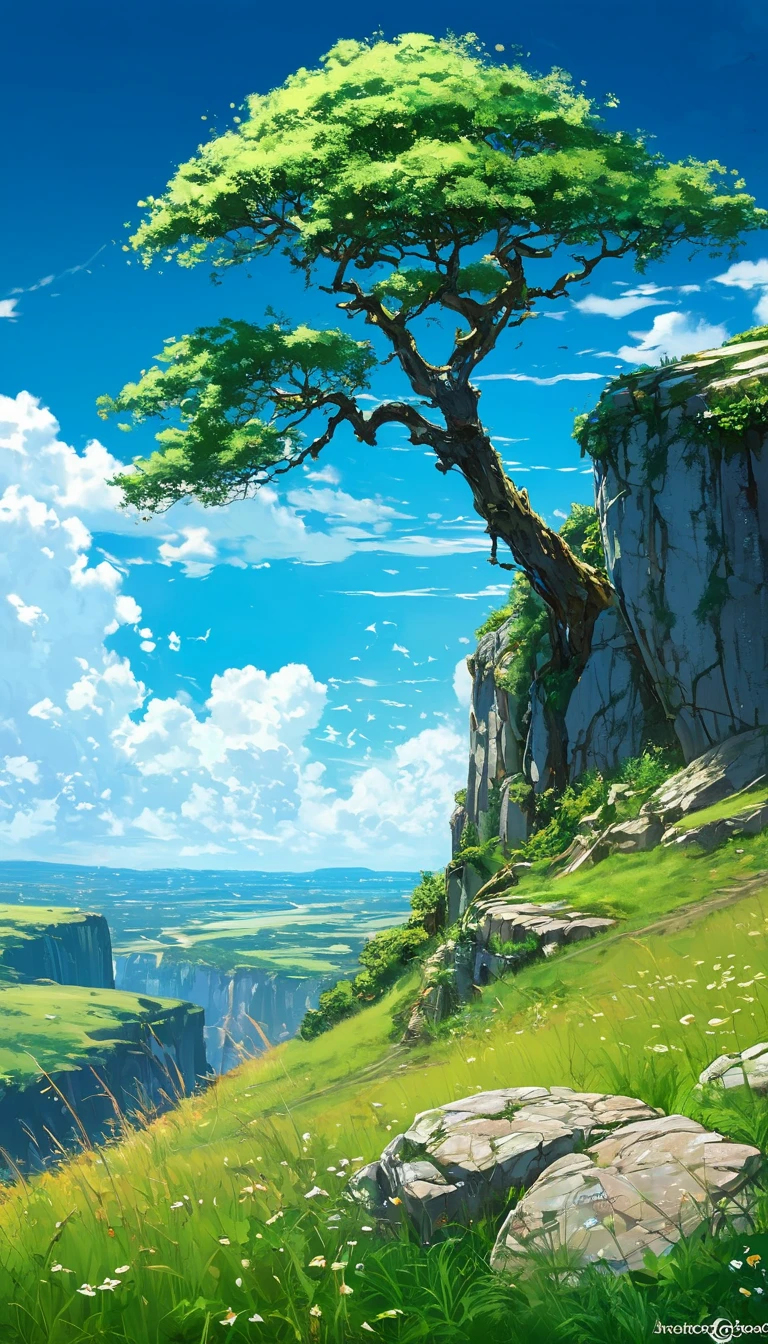 tree near a cliff in a meadow , seeing a vast blue sky with fluffy clouds and brush strokes , tall grasses stones, , makoto shinkai cyril rolando, anime art wallpaper 4k, anime art wallpaper 4k, animated background, anime art wallpaper 8K, animated background art, Anime Landscape Wallpaper, amazing wallpaper, HD wallpaper, 4k anime wallpaper, 4k anime wallpaper, Aries Moross art,art by Bob Byerley , AshleyWoodArtAI, greg rutkowski(far angle view)(brokeh effects)