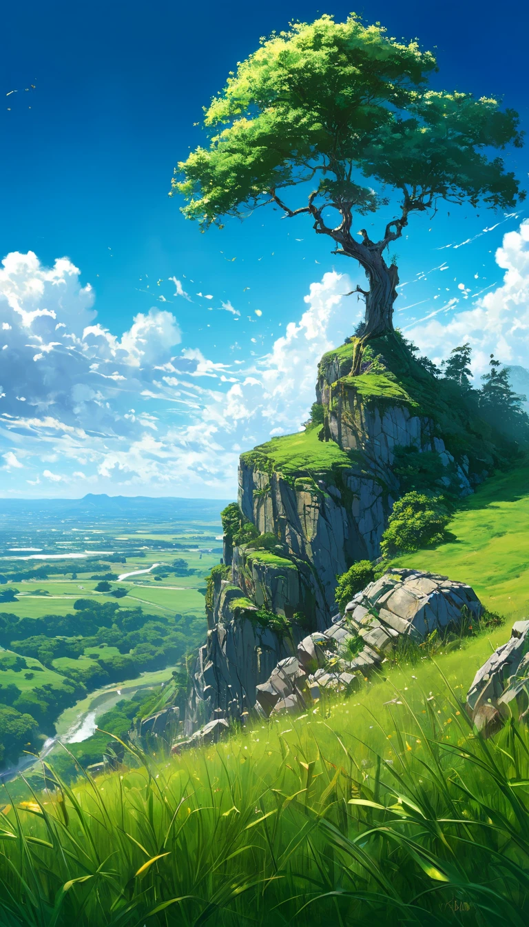 tree near a cliff in a meadow , seeing a vast blue sky with fluffy clouds and brush strokes , tall grasses stones, , makoto shinkai cyril rolando, anime art wallpaper 4k, anime art wallpaper 4k, animated background, anime art wallpaper 8K, animated background art, Anime Landscape Wallpaper, amazing wallpaper, HD wallpaper, 4k anime wallpaper, 4k anime wallpaper, Aries Moross art,art by Bob Byerley , AshleyWoodArtAI, greg rutkowski(far angle view)(brokeh effects)