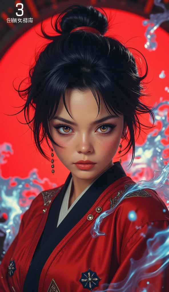  A beautiful Japanese woman .
 black hair, short,  pointed upwards , drawn on the side .
rainbow colored eyes, expressive, obfuscating, incandescent. 
 fine winding, sexy.
Dressed in a martial artist outfit, red and black, with geometric shapes.
 A blue aura subtly surrounds her . 
in battle pose, martial art.
expression: anger, Fury. 
Efeito sem brilho.
 Profile view from a distance . 
 simple background , Red color. 
(anime style 32K, 3d, HDR, UHD, intricate detail, extremely intricate detail, hyperrealistic, extremely realistic, high quality,      vivid color     , extremely detailed).