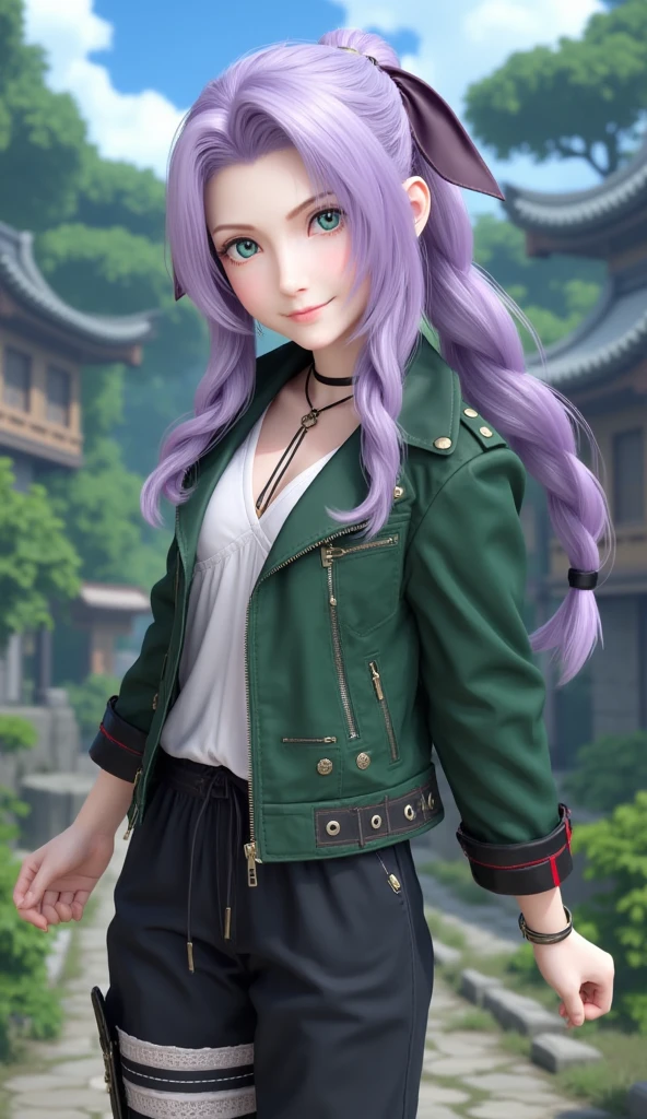 A Konoha , female,  ninja with light purple hair, long and gray eyes , a cheerful girl 