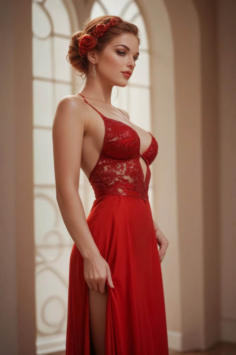 A closeup of detailed textures in high quality,princess peach, without long sexy long dress, crop top, big breasts, deep neckline, red clothes, sexy, sexy bra , ripped dress, bare breasts, NSFW