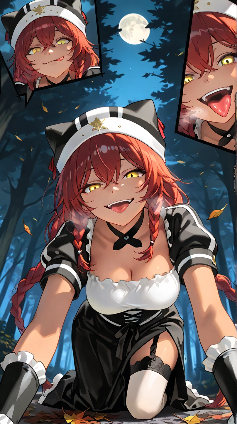 ,  High Quality , 最 High Quality , masterpiece,  high res, detailed face , anatomically correct, 
 yellow eyes,  red hair,  braids,,  wearing a black beast ear hat , 1 girl, solo, Dark Skin, brown skin, adult woman, Beautiful Women,Beauty,
In the forest deep in the mountains,Forest,tree,street, moon,Multiple leaves are falling

Black Maid Outfit , short sleeve/gauntlet,  white knee-high ,  choker , black long skirt, garter belt under my long skirt,

 close-up, from your hand and direct your gaze, Medium build,accurate, slightly larger breasts,
smile, ecstatic expression beside the piano,excited,  open her mouth ,mischievous personality , seductive smile,Her eyes are frowning ,Up to the thighs,Draw her in a larger size,Crazy look, mischievous face , smirking, stick out your tongue,Bad face,Viewers are being bullied ( sadist), enjoying bullying
angle from below, lower angle , on all fours,Sit down
I'm staring at me , frowns, staring with thin eyelids,Eyes on garbage, contemptuous eyes ,  protrudes from the screen,  part of the picture sticks out of the frame,  rough breathing, Attacking Viewers ,She is licking the back of her hand with her tongue ,I'm licking my hand with my tongue like a cat 
