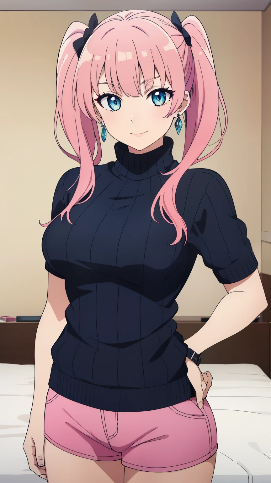 (Top quality, masterpiece, 8k), (anime coloring), very detailed, very detailed, perfect face, beautiful eyes, perfect eyes, detailed eyes, feature large highlight, detailed face, ultra-detailed, detailed eyes, symmetrical eyes, (mature face:1.3), (dynamic angle), sharp details, 1 girl, black hair, long hair, (small medium breasts:0.9), healthy skin, slim, slim body, ((pink hair, twintails)), (((short stature))), (half smile), (nffsw, (earrings, sweater, hotpants, room, bed)), (cowboy shot:1.3), looking at the viewer, in the center of the image