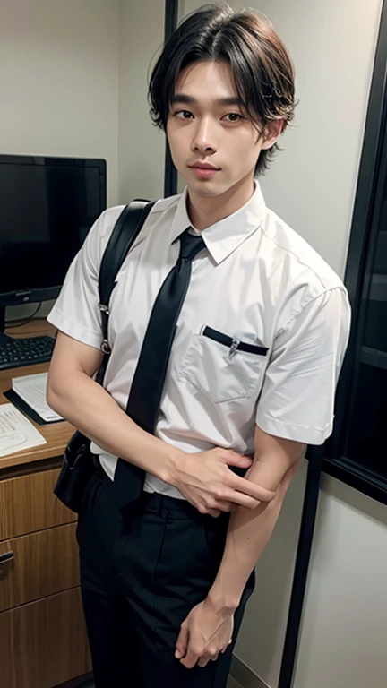 1 handsome Japanese guy，27years old，Lawyer，Formal shirt and  tie, Lawyer服, Professional Dress, Handsome and elegant, Wearing a black uniform， sexy abstinence, in blouse wearing, Masculine and handsome，musculous，Muscles look good，hairy bodies，with fair skin，黑The eye（thin eyes 1：3），Full body photo,lewd face, tight chest,  provocatively, unbutton buttons ,sexy