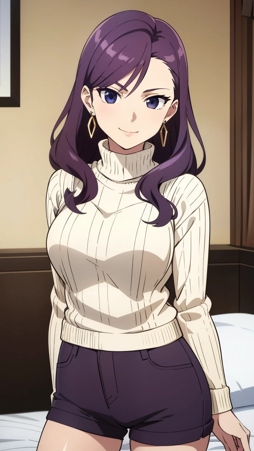 (Top quality, masterpiece, 8k), (Realistic skin texture), anime coloring, Very detailed, very detailed, beautiful eyes, perfect eyes, detailed eyes, feature large highlight, detailed face, ultra-detailed, detailed eyes, symmetrical eyes, (Dynamic angle), Sharp details, Girl, college age, standard height, purple hair, (medium hair:1.0), slim, slim body, wavy hair, black eyes, medium breasts, smirk, (earrings, sweater, hotpants, room, bed), (cowboy shot:1.2),