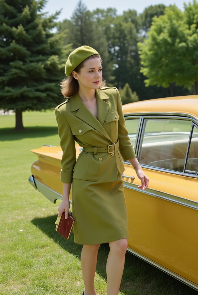 Realistic,A photographic,A realistic portrait of Peggy Carter in her late 20s to early 30s, with shoulder-length wavy brunette hair styled in 1940s fashion. . Her makeup is classic, featuring red lipstick and subtle eyeliner. Peggy stands confidently, with a determined expression, in a World War II-era setting, possibly a command center or near vintage military vehicles. The lighting is soft, emphasizing her strong and sophisticated appearance, (Big Tits:1.3)、full body image, sexy body, long white legs , big boobs, nudd