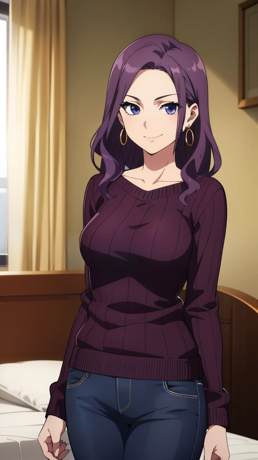 (Top quality, masterpiece, 8k), (Realistic skin texture), anime coloring, Very detailed, very detailed, beautiful eyes, perfect eyes, detailed eyes, feature large highlight, detailed face, ultra-detailed, detailed eyes, symmetrical eyes, (Dynamic angle), Sharp details, Girl, college age, standard height, purple hair, (medium hair:1.0), slim, slim body, wavy hair, black eyes, medium breasts, smirk, (earrings, sweater, hotpants, room, bed), (cowboy shot:1.2),