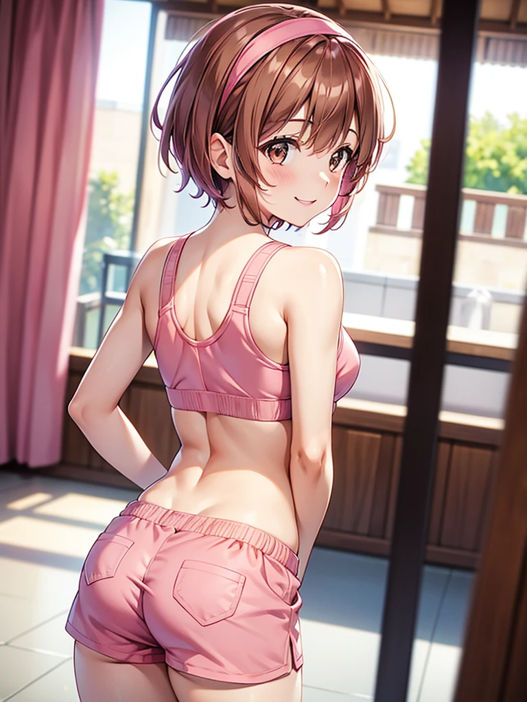  adult woman laughing, Alone,  sexy,8K resolution,((Best Quality)), ultra high resolution, ( embarrassed face ), ( Brown Eyes ),  Beautiful Symmetrical Face , (red-brown ponytail), tank top , sports shorts,socks,Realistic:1.4,Realistic:1.4,(masterpiece:1.2), perfect eyes,Perfect Eyes, Anatomically Correct Human Body ,Perfect waist,Perfect thighs,(Open your mouth:0.8),(tongue:0.8),Sigh,locker room,look back,Changing clothes,(sweat:1.2)