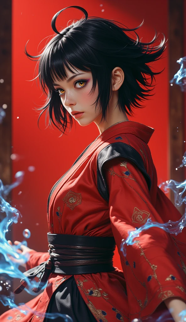  A beautiful Japanese woman .
 black hair, short,  pointed upwards , drawn on the side .
rainbow colored eyes, expressive, obfuscating, incandescent. 
 fine winding, sexy.
Dressed in a martial artist outfit, red and black, with geometric shapes.
 A blue aura subtly surrounds her . 
in battle pose, martial art.
expression: anger, Fury. 
Efeito sem brilho.
 Profile view from a distance . 
 Papel de parede simples cor vermelha.
(anime style 32K, 3d, HDR, UHD, intricate detail, extremely intricate detail, hyperrealistic, extremely realistic, high quality,      vivid color     , extremely detailed).