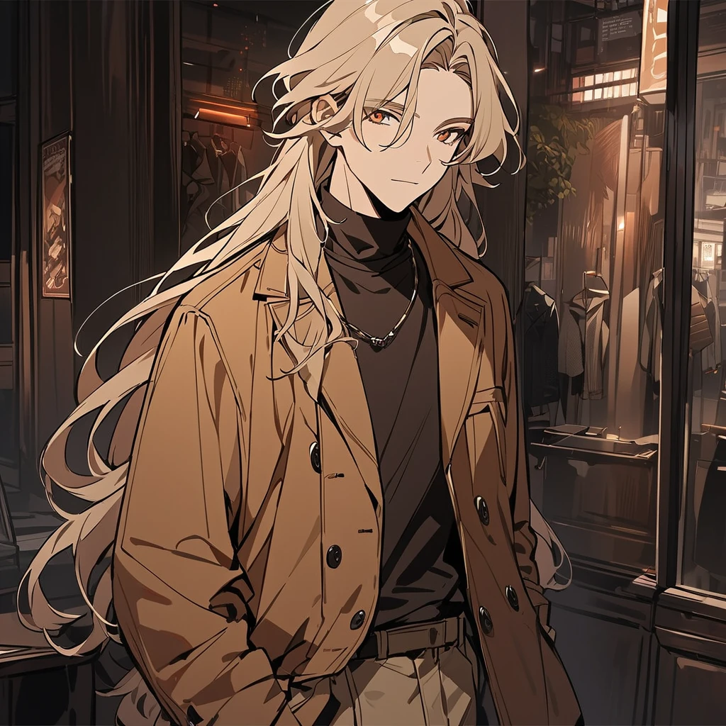 "male human character,  a light brown skin tone with a slight warm glow. with long hair blending deep red and dark brown colors. He should be dressed in a contemporary urban outfit, featuring modern and stylish elements. A brown jacket, underneath wears a beige turtleneck shirt, I also wore black cargo pants. The character should exude a sense of confidence and charisma. The artwork should focus on smooth, detailed lines, capturing the texture of his hair and the fabric of his clothing. The background should be minimalistic to ensure the character stands out prominently."