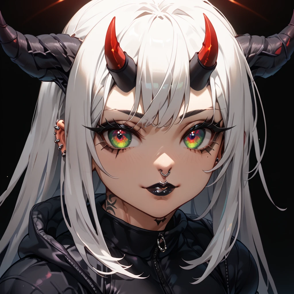 (1 girl, oni horn, long hair, white hair, glowing red eyes, dress, sexy), (gray, gray theme, inside the cave, backlight, fog), front side, looking at you,  Light Edge, Two-tone Lighting, (High Detail Skin: 1.2), 8K UHD, DSLR, Soft Light, High Quality, Volume Lighting, Candid Photo, High Resolution, 4K, 8K, Background Bokeh, serious expression, villain pose, shiny hair,