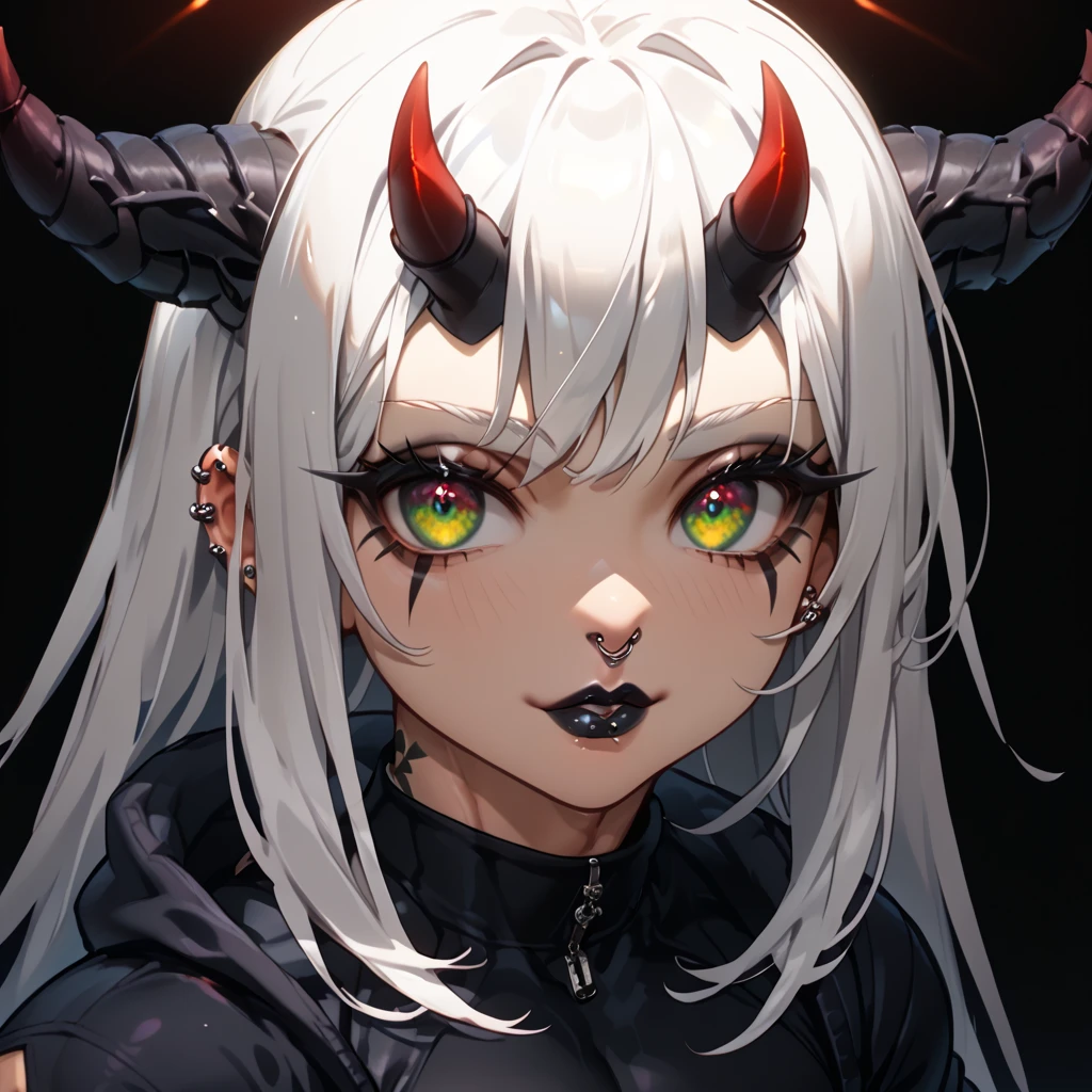 White hair, white skin, yellow eyes, short hair, no bangs, cheery, happy, short, standing, black background, naked, nude, portrait, upper body, face only, closeup, close up, 1 eye, one eye, 1 pupil, one pupil, white scalera, smiling, eye widened, excited, black horns, fluffy hair, sheep