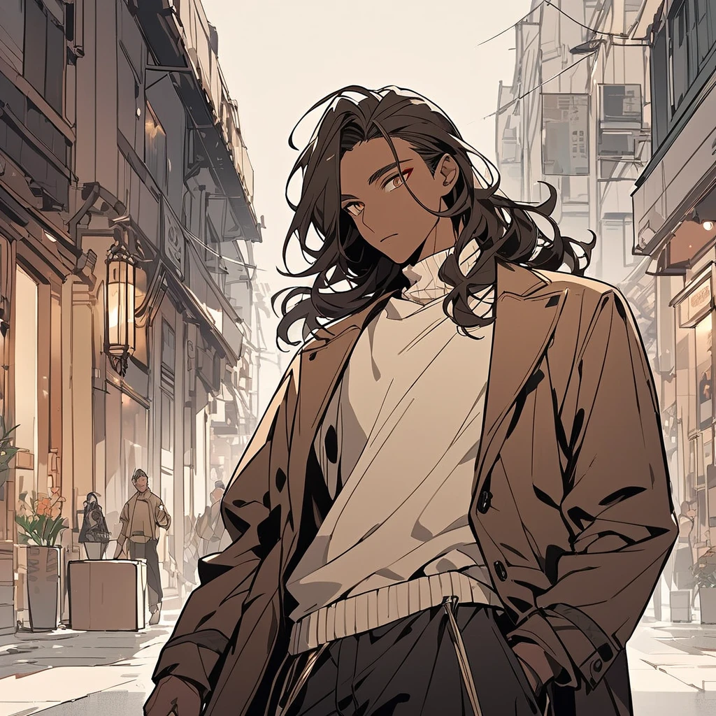 "male human character,  a light brown skin tone with a slight warm glow. with long hair blending deep red and dark brown colors. He should be dressed in a contemporary urban outfit, featuring modern and stylish elements. A brown jacket, underneath wears a beige turtleneck shirt, I also wore black cargo pants. The character should exude a sense of confidence and charisma. The artwork should focus on smooth, detailed lines, capturing the texture of his hair and the fabric of his clothing. The background should be minimalistic to ensure the character stands out prominently."