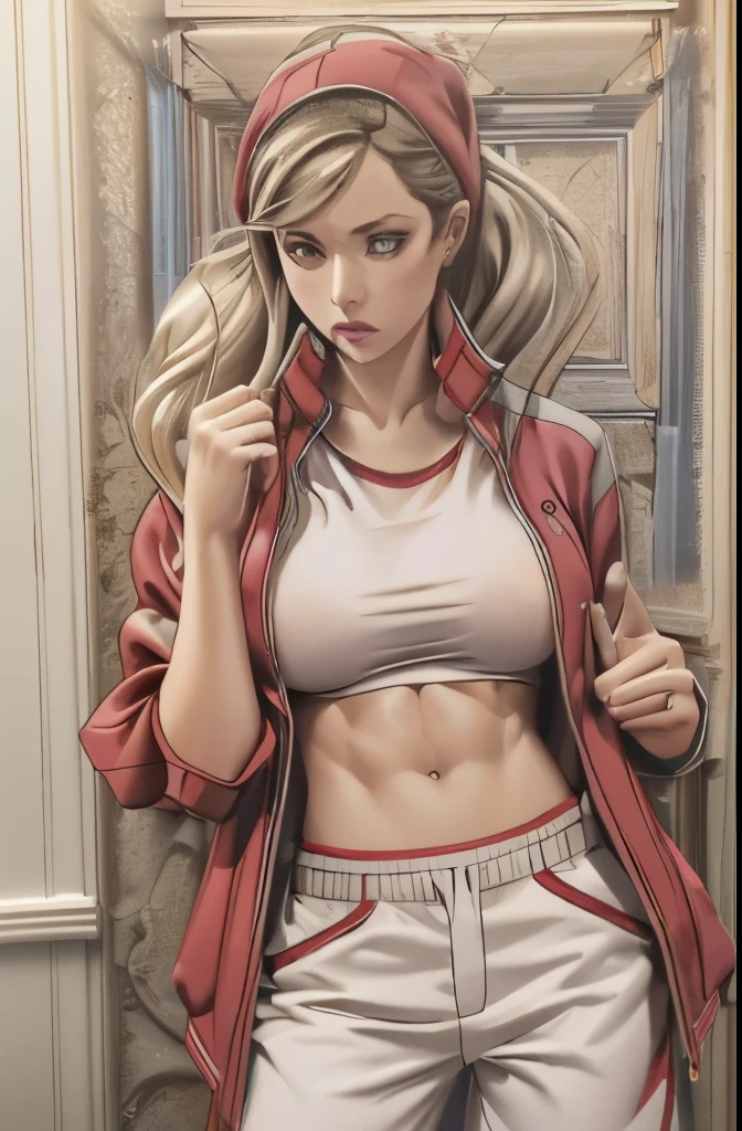 “, 1 girl,Alone,
 white shirt, red pants , open jacket, red jacket, tracksuit, track pants ,Short sleeve,Open the clothes,,  precise visual,  high definition ,masterpiece, top quality , chest opened using HDR, show me my pussy,Hairy pussy, abs, perfect nude, very big breasts, pink nipples