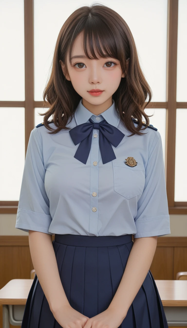(top-quality、hight resolution、masterpiece:1.3)、Tall and pretty woman with slender body、(dark brown short hair)、Wearing a uniform、in class room、Details exquisitely rendered in the face and skin texture、A detailed eye、二重まぶた、Long hair