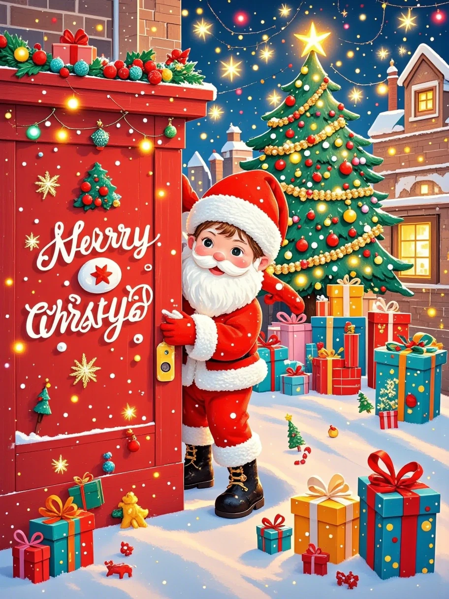  A realistically cute Santa peeks out from behind a red door， Probe behind a pure red wall ，Rectangular or arched ，close up， Extremely clean picture ，Simple characters， Visually playful ，Playful expression，32k ultra high definition， minimal style， illustration style ， poster text “Merry Christmas” 