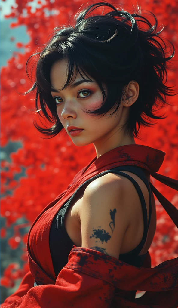  A beautiful Japanese woman .
 black hair, short,  pointed upwards , drawn on the side .
rainbow colored eyes, expressive, obfuscating, incandescent. 
 fine winding, sexy.
Dressed in a martial artist outfit, red and black, with geometric shapes.
 A blue aura subtly surrounds her . 
in battle pose, martial art.
expression: anger, Fury. 
Efeito sem brilho.
 Profile view from a distance . 
 Papel de parede simples cor vermelha.
(anime style 32K, 3d, HDR, UHD, intricate detail, extremely intricate detail, hyperrealistic, extremely realistic, high quality,      vivid color     , extremely detailed).