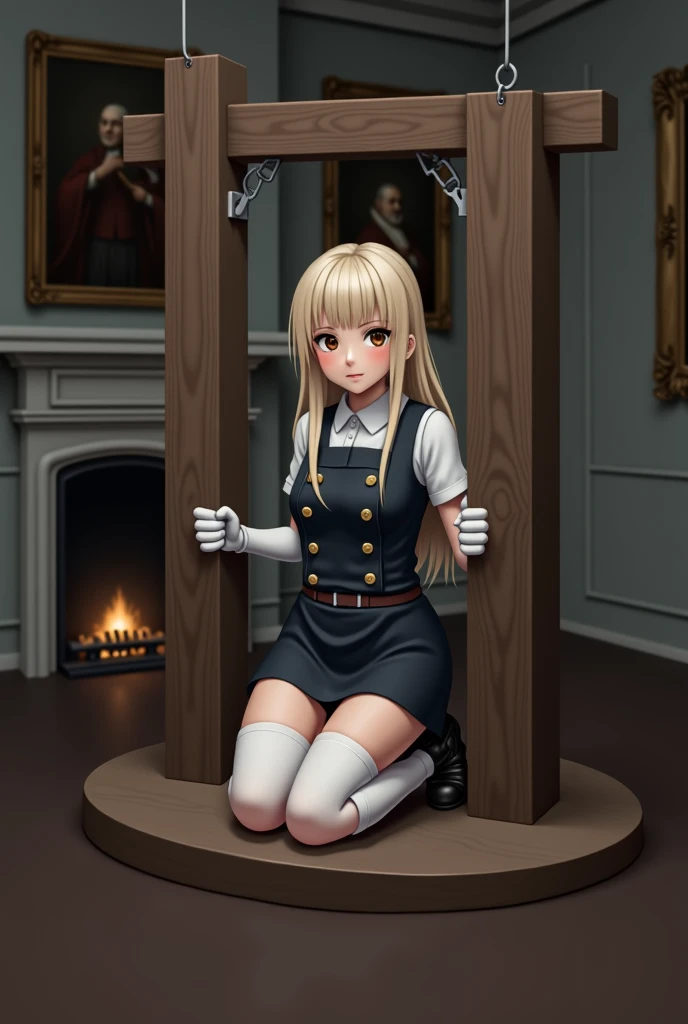 a realistic detailed portrait of a 13 year old skinny girl, naked, standing in a wooden pillory, legs open, looking scared, wet and covered in cum, dramatic lighting, hyper realistic,masterpiece,8k,cinematic,octane render,highly detailed,intricate details,beautiful eyes,lush lips,sharp focus,photorealistic,volumetric lighting,dramatic shadows,natural skin tones,high quality,exquisite detail