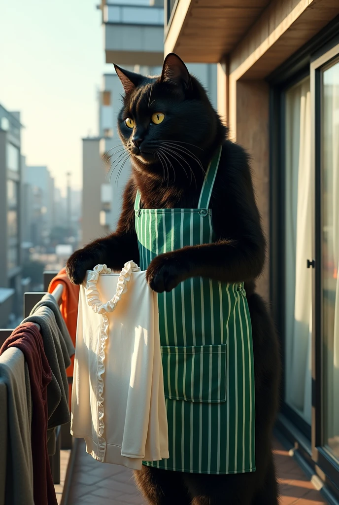 ultra-realistic, photorealistic, dramatic scene, shadow, global-illumination, the human-like giant black cat\(wearing a vertical striped green apron, black cat, hanging up a washed white ruffled blouse\), many towel and shirt and pants are hanged up, at the balcony of the stylish Japanese urban apartment, sunny day in winter