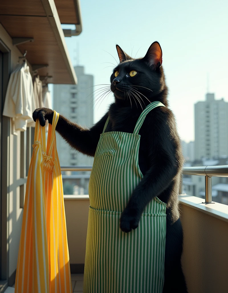 ultra-realistic, photorealistic, dramatic scene, shadow, global-illumination, the human-like giant black cat\(wearing a vertical striped green apron, black cat, hanging up a washed vertical striped yellow apron\), many towel and shirt and pants are hanged up, at the balcony of the stylish Japanese urban apartment, sunny day in winter