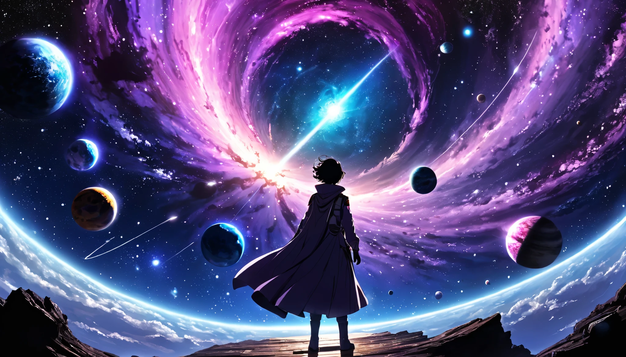 Mainly dark blue, 、unknown .
setting: Dress like an explorer 、 show that you're ready , Purple , pink. Far away, that's right 。backgroundはmain characterの , .
central focus : main character ( Young male or female ) 彼らは 巨大な惑星がFloating , staring into the distance . 巨大な惑星がFloating , they are like glowing spheres 。backgroundは柔らかな光がFloating . emphasizes the connection of determination with stars 、 vast space .
vibe: 。 they are stabbed on the deck of a spaceship , Epic Journey . illustrations are 16 , with soft light floating in the background .
color palette : main characterの , Purple , Silver Tone, Floating . let's enrich your dreams with colors 、 depicts the trajectory of light shining through the spiral galaxy of {x}、 highlights your sense of scale for adventure 。 .
addition: background, , floating asteroids , bright nebulae, shining star trails .
Example explanation :
" okes: 。 backgroundには柔らかい光がFloating , This scene is a galaxy . okes: 。, hero 、unknown ."
They're :9 Aspect Ratio, , chest compression accents .
