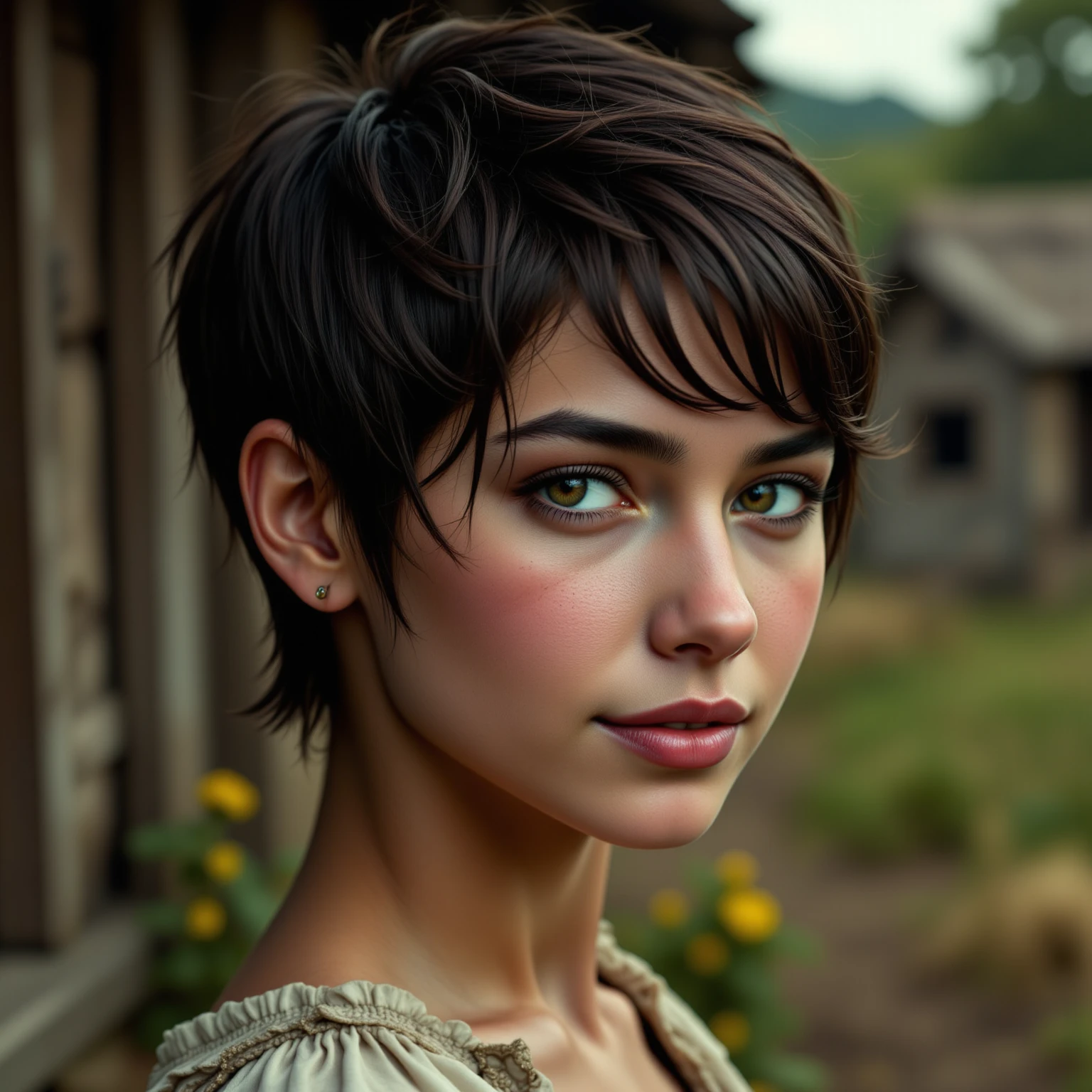 young peasant woman, short, brown skin, pixie cut black hair, cute, slutty. Crew Cut 