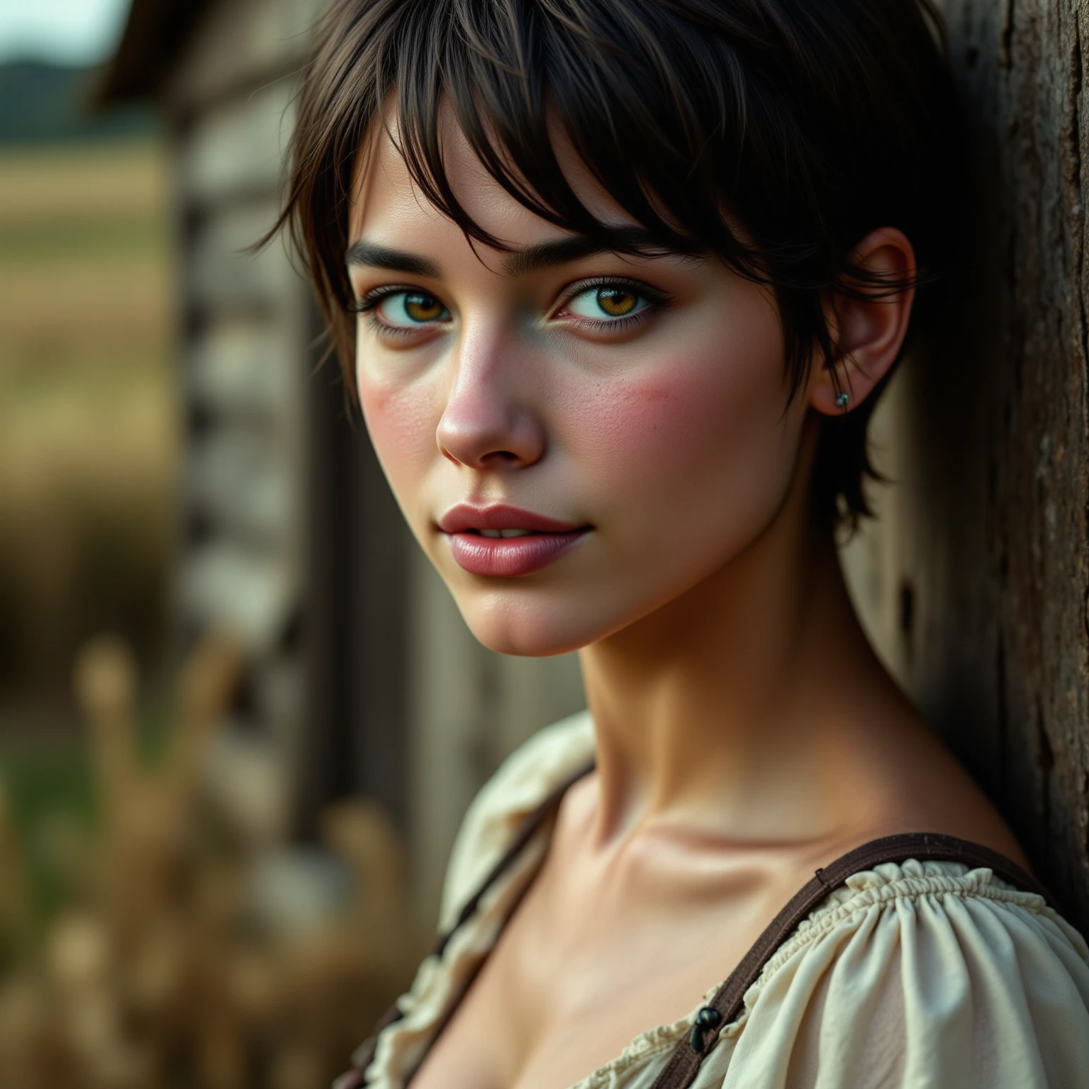 young peasant woman, short, brown skin, pixie cut black hair, cute, slutty. Crew Cut 