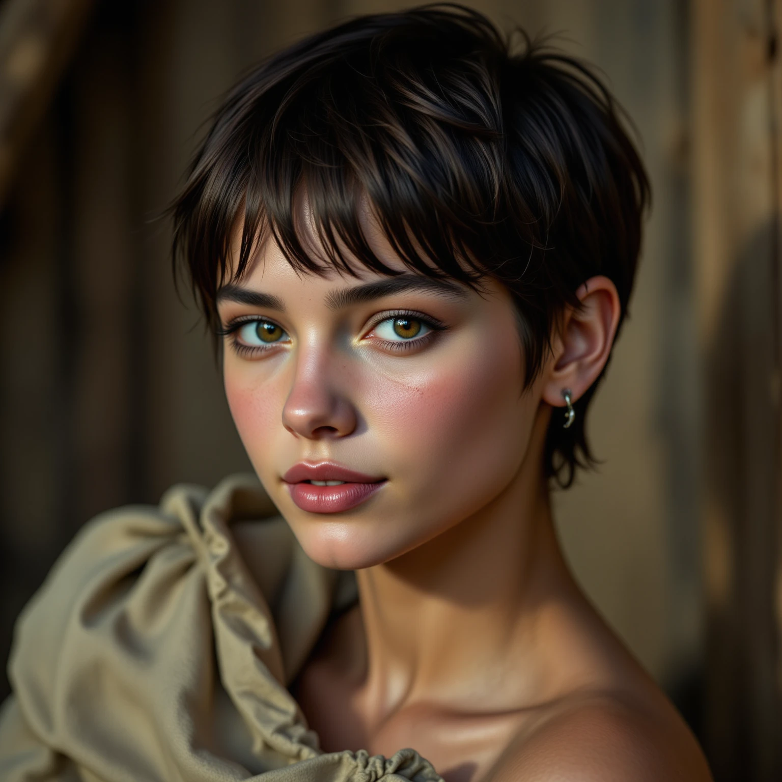 young peasant woman, short, brown skin, pixie cut black hair, cute, slutty. Crew Cut 