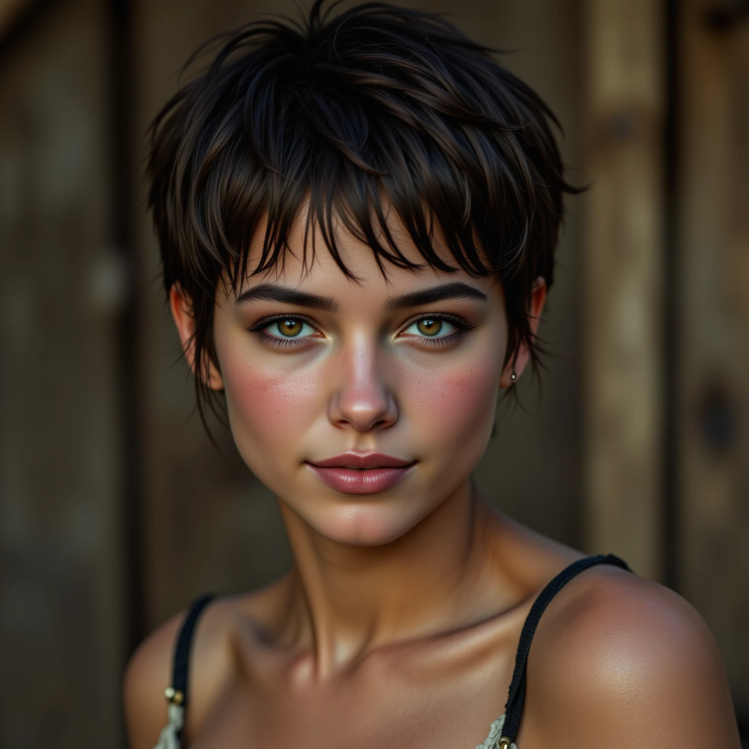 young peasant woman, short, brown skin, pixie cut black hair, cute, slutty. Crew Cut 