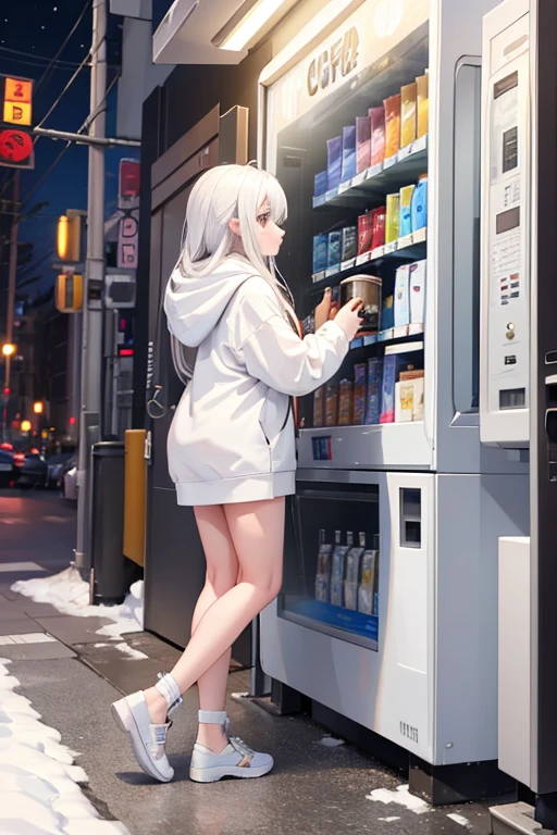 masterpiece,night,White Hair, long hair,Crouching in front of a vending machine ,woman,Big Breasts, wearing a hoodie, holding a can of coffee in his hand, it's snowing 