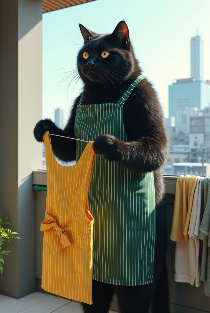 ultra-realistic, photorealistic, dramatic scene, shadow, global-illumination, the human-like giant black cat\(wearing a vertical striped green apron, black cat, hanging up a washed vertical striped yellow apron\), many towel and shirt and pants are hanged up, at the balcony of the stylish Japanese urban apartment, sunny day in winter