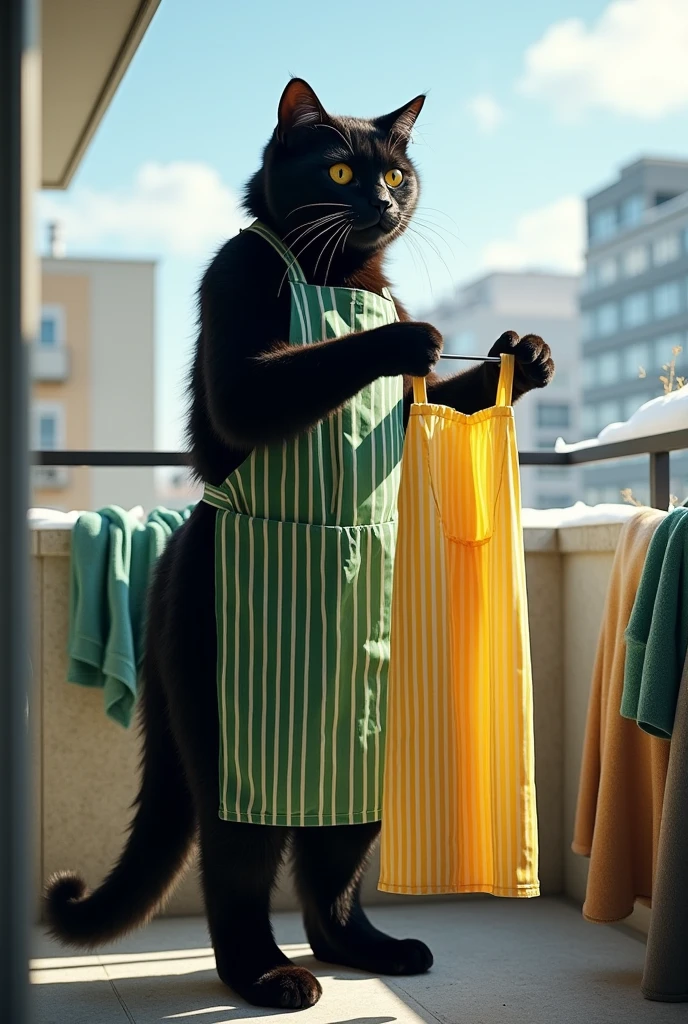 ultra-realistic, photorealistic, dramatic scene, shadow, global-illumination, the human-like giant black cat\(wearing a vertical striped green apron, black cat, hanging up a washed vertical striped yellow apron\), many towel and shirt and pants are hanged up, at the balcony of the stylish Japanese urban apartment, sunny day in winter