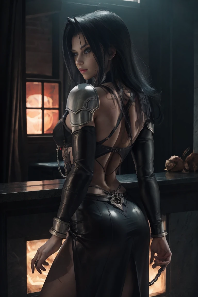 Create a hyper detailed photograph of a tattoos young sexy female berserker deathknight, Stunningly perfect gorgeous soft feminine face, perfect makeup, detailed vibrant Florent neon eyes, long hair, high detailed beautiful legs, high detailed beautiful arms, perfect sexy hour glass body figure, detailed smooth skin, gigantic breast, large round ass, sexy seductive transparent deathknight armor, chains Jewelry,