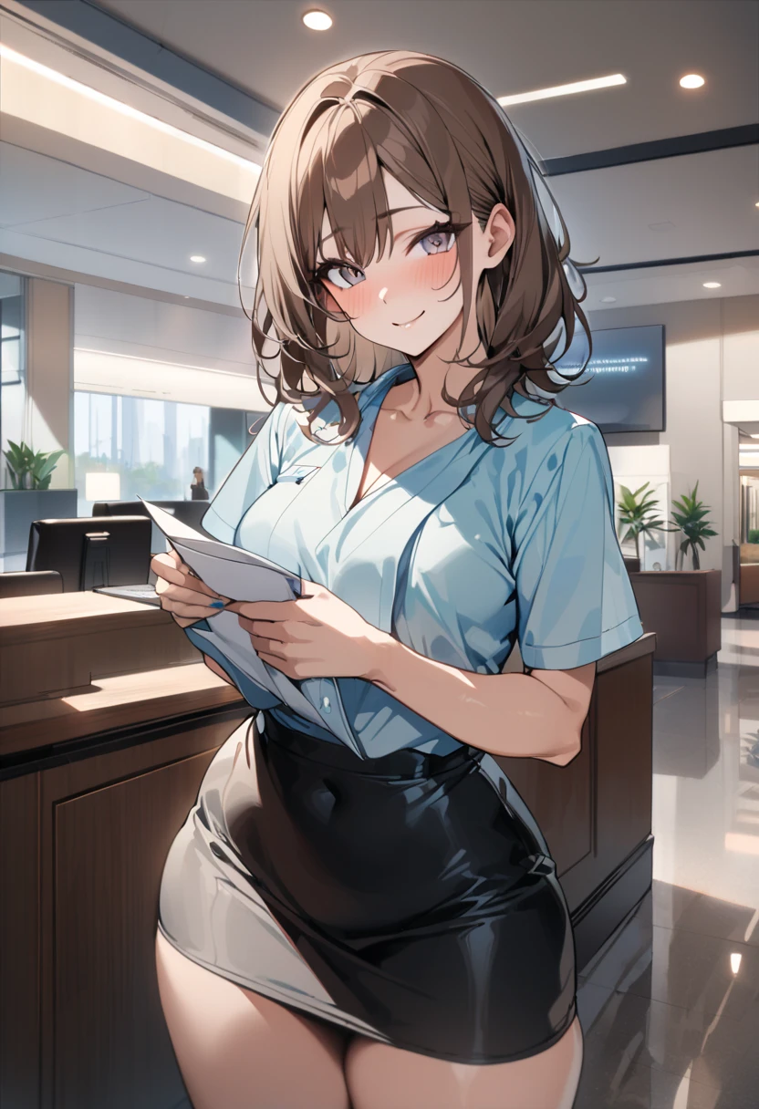 Japanese women, live-action, high resolution, Caregiver, smile, clear, workplace, Polo shirt,Long trousers,背景がworkplace,