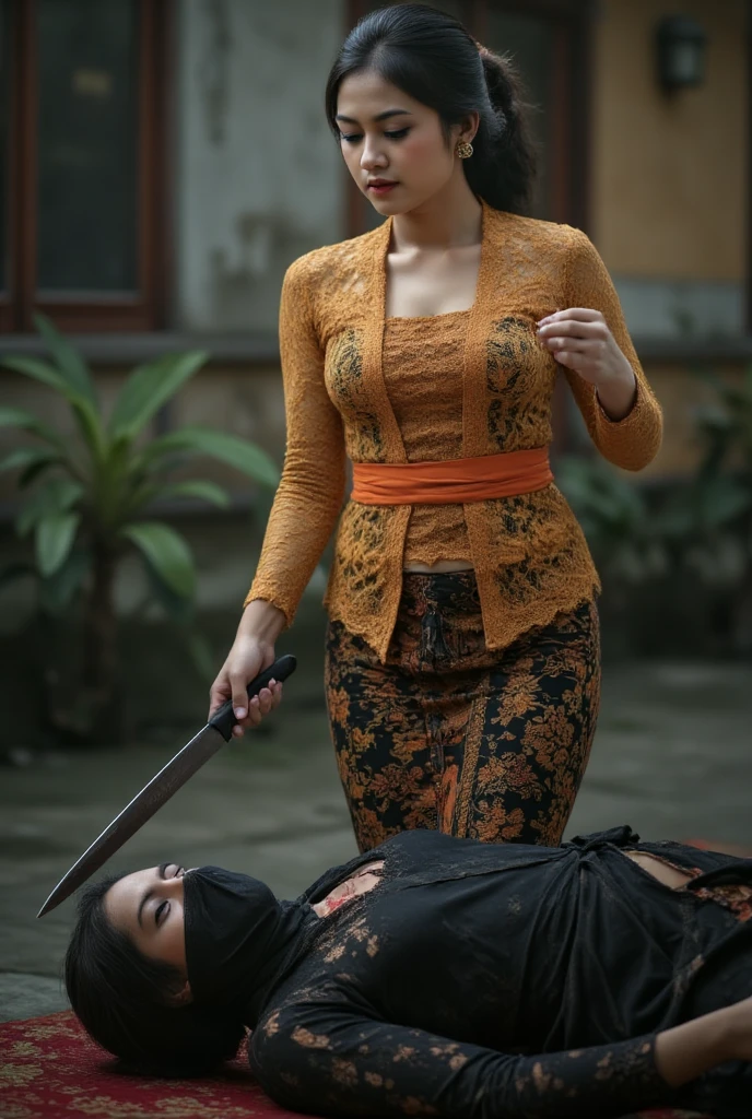 Woman killing ninja, ninja in shrouds, cut throat ninja by knife, woman knife, woman kebaya bali