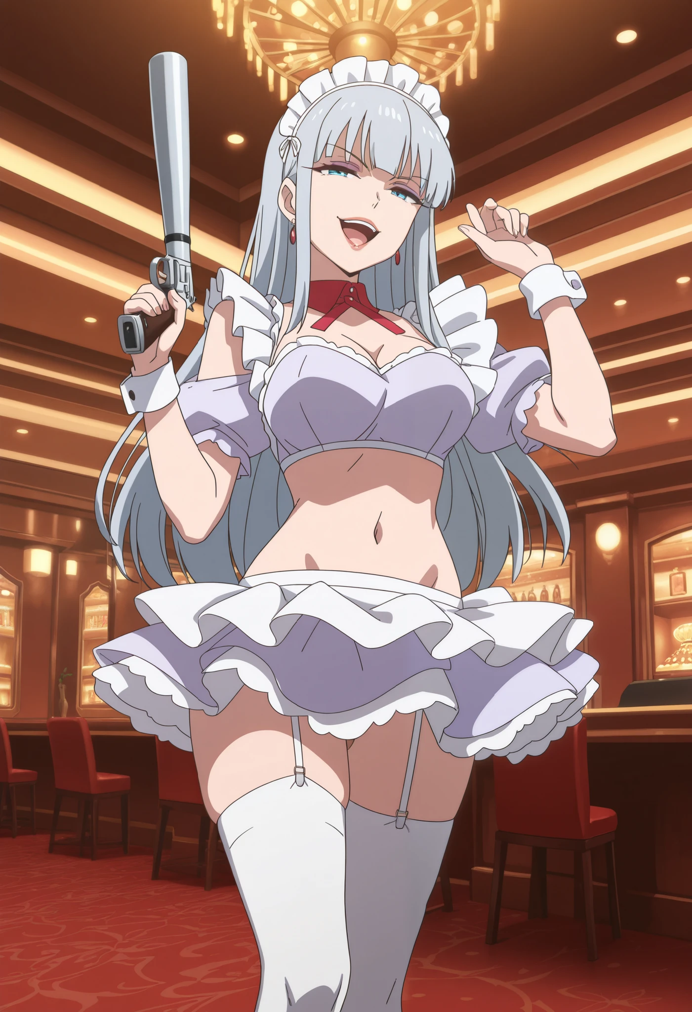 1girl, solo, manamiAMW, grey hair, long hair, blue eyes, makeup, lips, narrowed eyes, white hair ornament, white clothing, light purple dress, asymmetrical clothes, white skirt, asymmetrical legwear, white thighhigh, holding baseball bat, jewelry, earrings, complex detailed background, casino environment, fancy interior environment, rich
interior, masterpiece, best quality, highly detailed, a anime girl in maid uniforms, holding pistol, maid
outfit, cleavage, evil smile, smile, open mouth ,ecchi anime style, anime girls, ecchi style, ecchi, digital
anime art!!, in anime style, official artwork, (nsfw) not safe for work, beautiful anime maid girl, anime
style 4 k, micro skirt, exposed belly, exposed navel, exposed midriff, exposed lower belly, holding a gun,