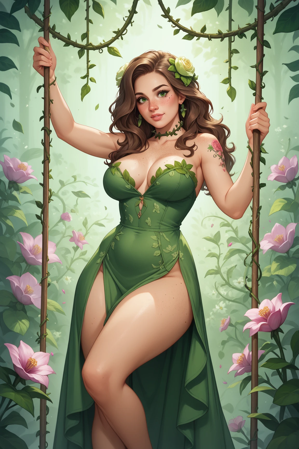 (((Poison Ivy))), (((Superman))), High quality, best quality, masterpiece, (1boy1 1girl), (hetero:1.5), mature woman, curves, long wavy redhead hair, green eyes. cleavage. (((woman completely nude))), woman on top, nsfw, facesitting