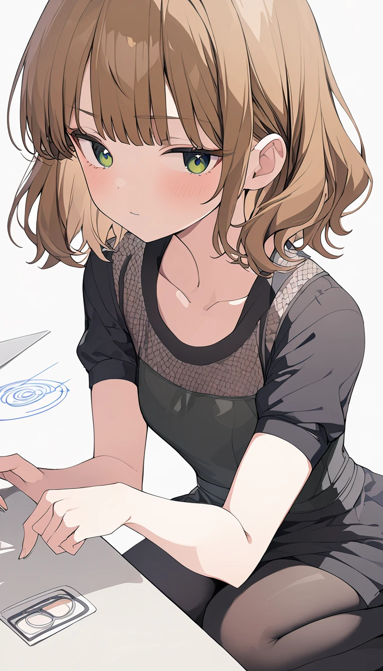 (Top quality line drawing,( Surprisingly Absurd )),(masterpiece:1.2), Captivating eyes, Perfect Proportions,超 high res,  Attention to Details ,  High Quality ,  high res, 最 High Quality ,  cute girl,Brown Hair, bob cut, green eyes, stylish, zitoida， black tights,