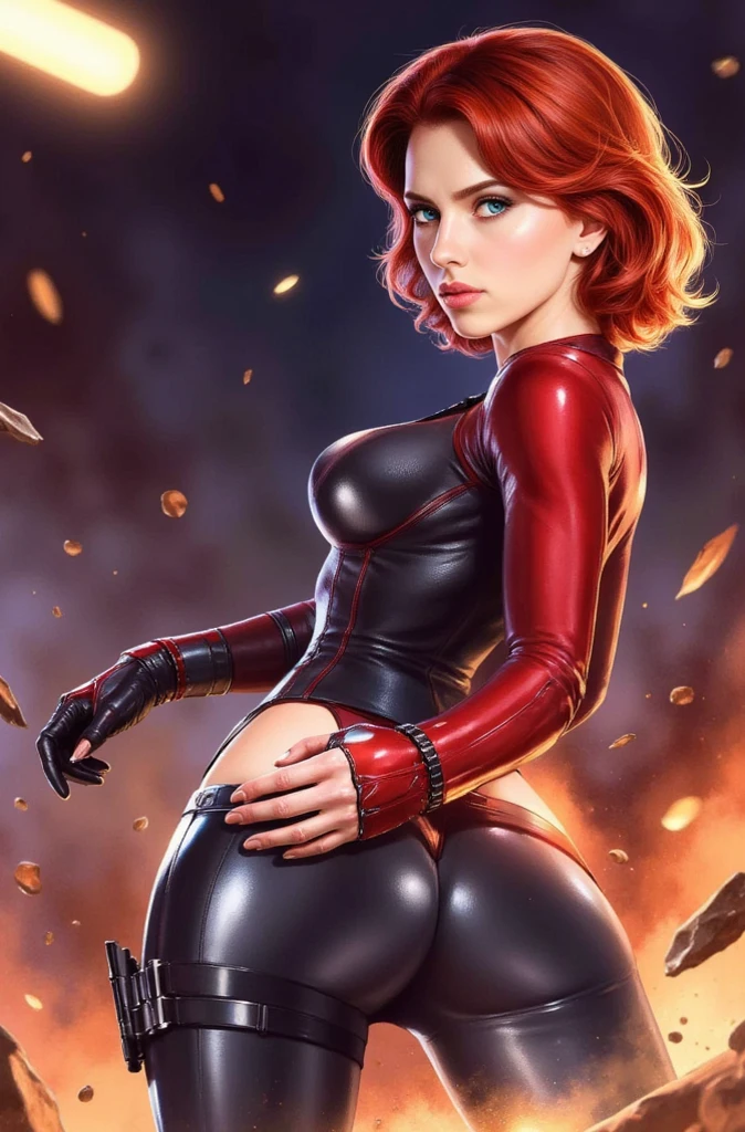 (  masterpiece ,  realistic , perfect,  photograph ,  high resolution and definition ), marvel: Black Widow, In a sensual and erotic pose,  tight suit , nice image detail ,  Beautiful legs ,  detailed face, light eyes,  beautiful butt ,  slender and detailed body ,  big breasts. RED HAIR, long loose hair.  Great detail of the background and environment . In a random location, exciting