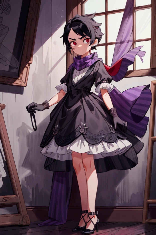 Masterpiece, best quality, 1 boy, black long hair, brow eyes, standing indoors with intricate details and sunlight, grey and red frilled dress with short neckline, purple gloves, black heels, scarf with black and white stripes.