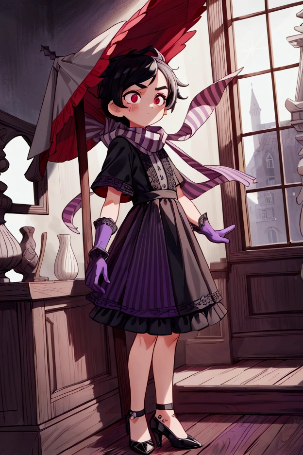 Masterpiece, best quality, 1 boy, black long hair, brow eyes, standing indoors with intricate details and sunlight, grey and red frilled dress with short neckline, purple gloves, black heels, scarf with black and white stripes.