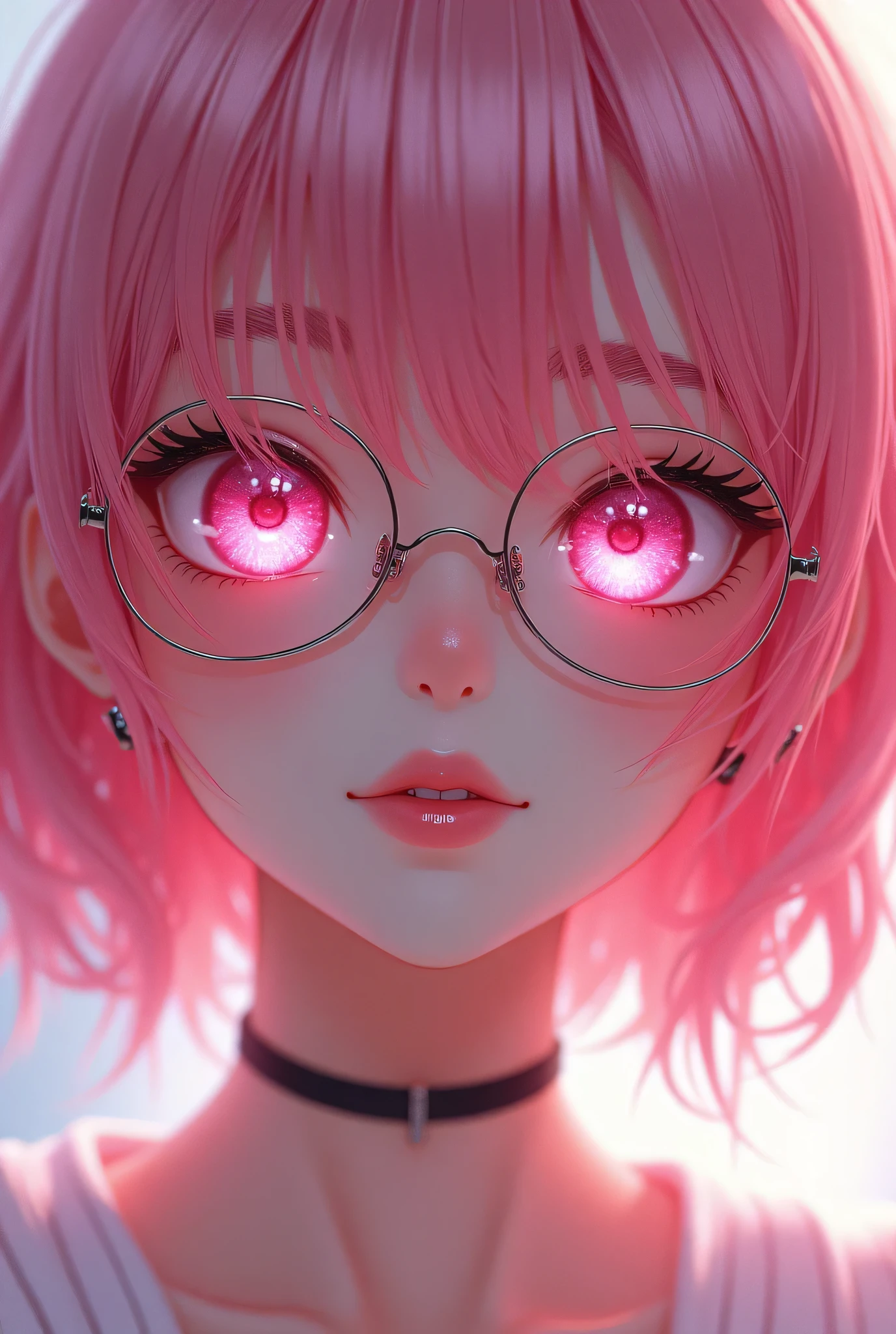 Close-up of a woman with Pink hair wearing glasses, artwork in Guvez style, Guvez, kawaii realistic portrait, Inspired by Makoto-kun, glowing Pink face, Pink girl, a beautiful anime portrait, Pink glasses, glowing Pink eyes, Realistic anime 3D style, Yanjuncheng,  Realistic anime art style , ((Pink)8 thousand