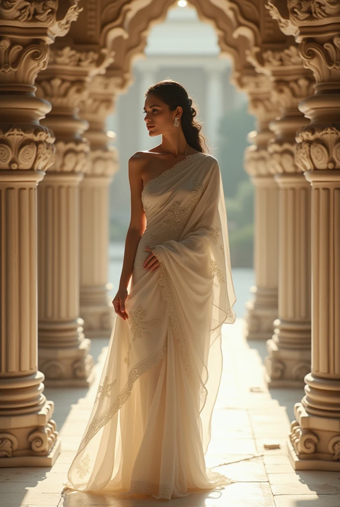 Kerala style girl walking on ramp wearing white traditional kasavu saree with blouse and having a white garlet on her head with white small Jasmine flowers and holding a small hanging basket made with gold filled with red flowers of visiting to kerala temple