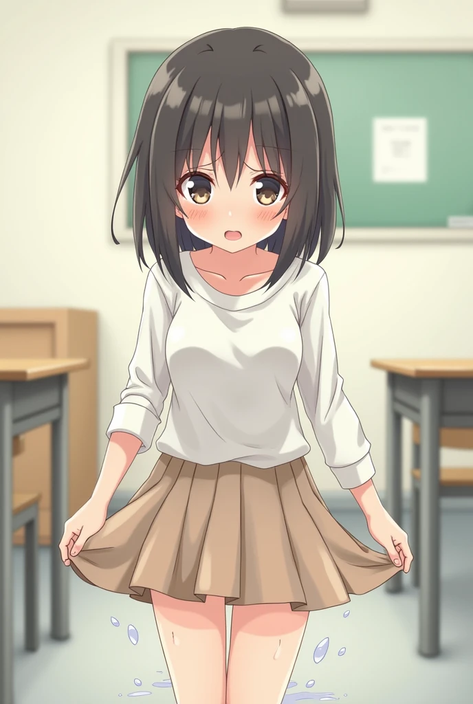 Smiling Japanese high school girl with long straight black hair doing squats。

The uniform is a white shirt。
The miniskirt is checkered and all black.。
The length of the hair is very long。
Nogizaka46-ish 。
A painting that looks like a photograph