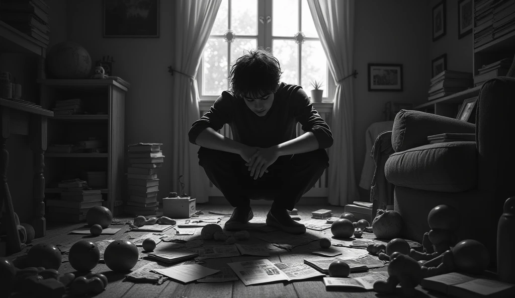 Draw a sketch illustration of a teenager with a chaotic mind. The teenager is sitting in the corner of a messy room, holding their head with disheveled hair. Surrounding them are various objects like scattered papers, open books, and gadgets lying around haphazardly. Their expression shows confusion and anxiety. Make the atmosphere of the image feel gloomy and stressful, with dim lighting and sharp shadows.