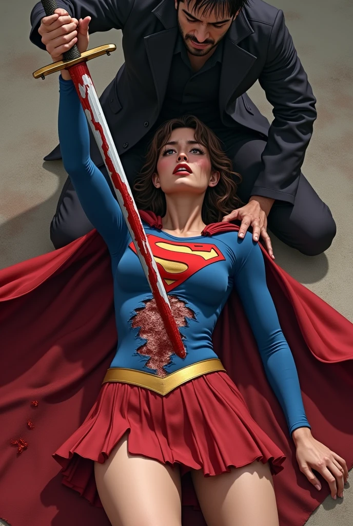 highest quality, masterpiece, ((crucifixion:1.5)), (execution), supergirl bodysuit, horrified, bleeding, ((Woman in crucifixion at the cross：1.5)), crucifixion, blue suit, Superman logo on chest, red skirt，((Torn costume)), ((Tearing of clothes)), (tattered clot(many bruises on body)), scars on body, wounds on body, injured face and body, a devastated world, ruins, abandoned building, (burning at the stake), ((roasted over fire：1.2))