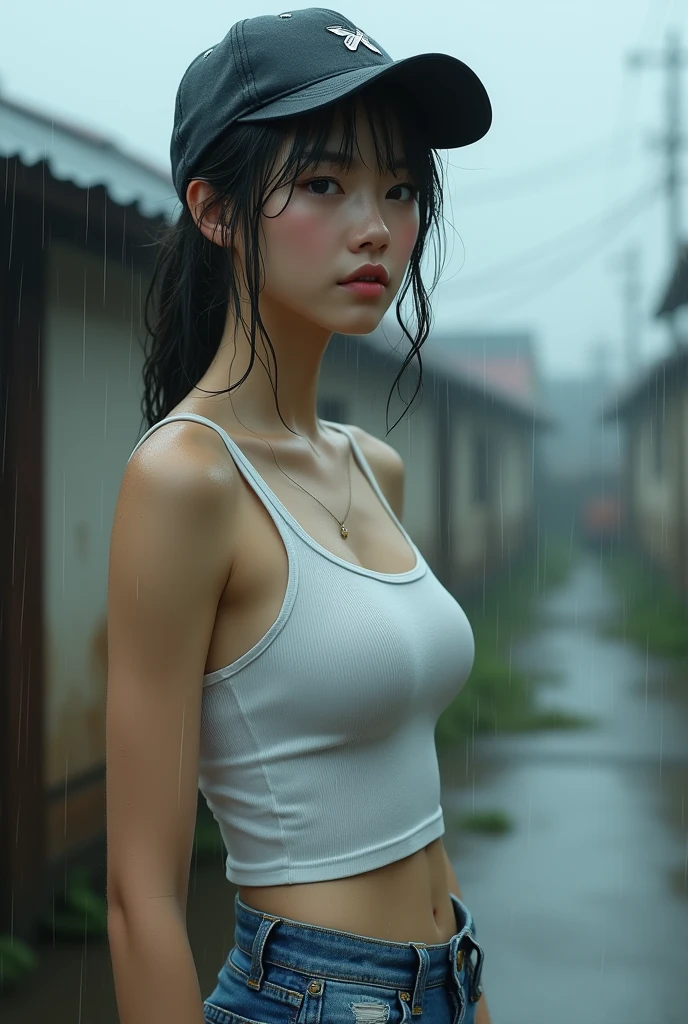 top-quality, masterpiece, 超A high resolution, Photorealsitic, Raw foto, ((One beautiful woman)), 22year old, Detailed face, beautidful eyes, depth of fields, the city street, Wet in the rain, white t-shirts, small tits, Faint lips, wetting hair, a wet body, water drop on the skin